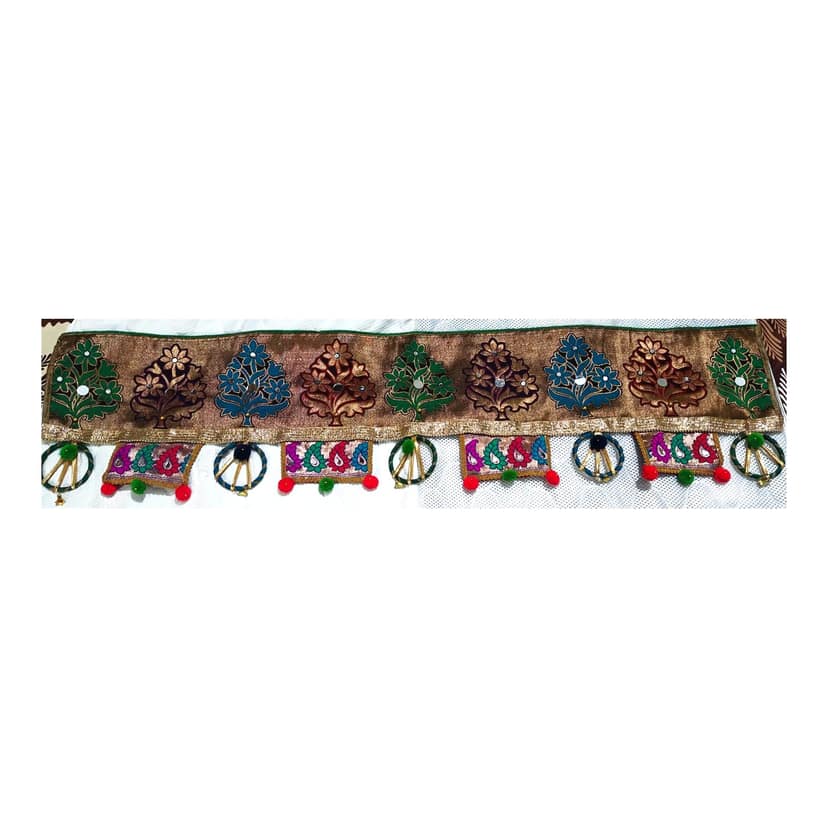 Embroidered Tree Motif Toran Bandhanwar – Multicolour Mirror Work with Paisley Panels and Pom-Pom Ring Drops