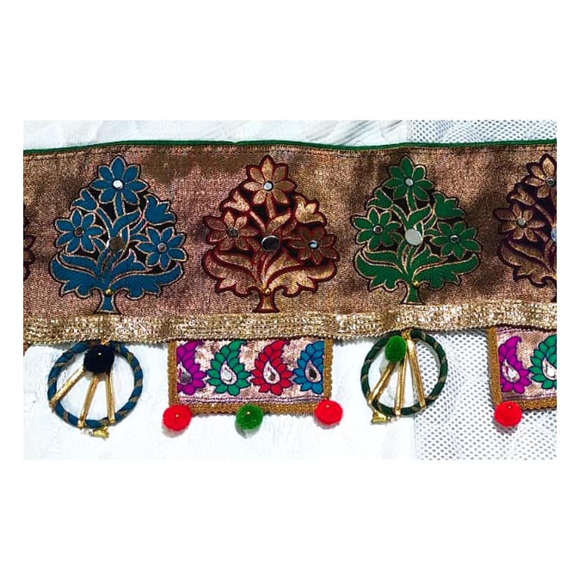 Embroidered Tree Motif Toran Bandhanwar – Multicolour Mirror Work with Paisley Panels and Pom-Pom Ring Drops view 2