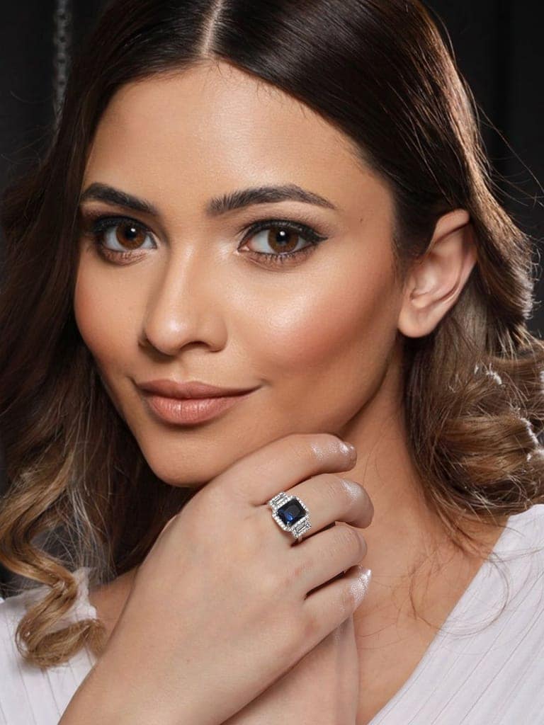 Silver Plated Blue CZ Studded Statement Finger Ring