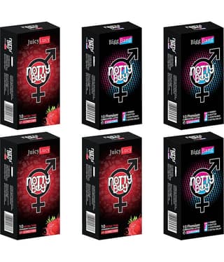 NottyBoy Strawberry Flavour Thin and 4 IN 1, Ribbed, Dotted, Contour, Extra Time Condoms - 60 Units