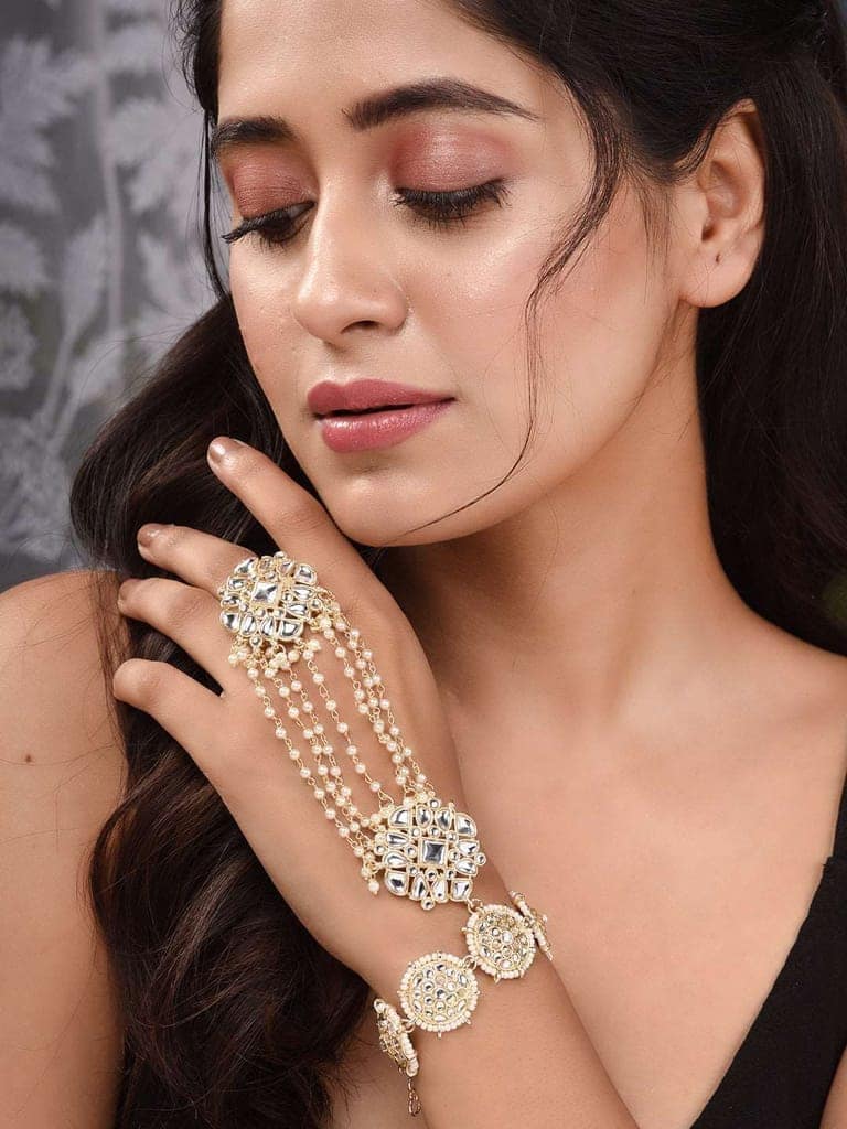 Gold Plated Kundan Studded Bracelet Hathphool