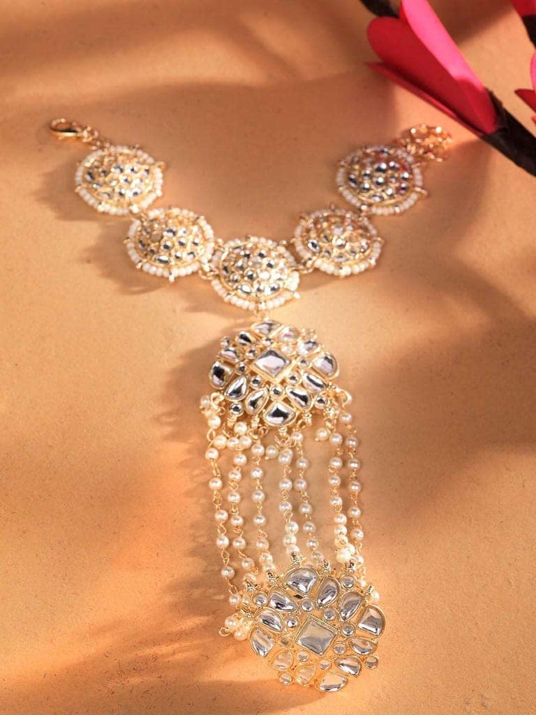 Gold Plated Kundan Studded Bracelet Hathphool view 2