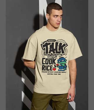 Leotude Men Cotton Blend Oversized Fit Printed T-Shirt ( Beige )