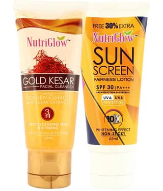 NutriGlow Gold Kesar Facial Cleanser Face Wash and Sunscreen Fairness Lotion SPF 30 Each 65ml (Pack of 2)