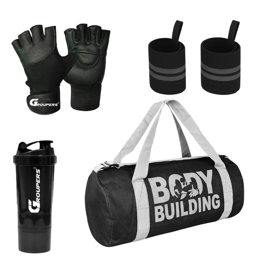 GROUPERS Duffle Canvas Bag with Shaker Bottle-500ml & GloveslSports & Travel BaglSports Kitl (Black)
