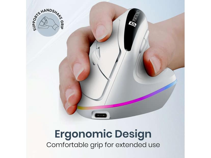 Portronics Toad Ergo 3 Ergonomic Wireless Mouse with RGB, 2400 DPI, Dual Mode BT & 2.4GHz Connectivity, Rechargeable Battery, 6 Buttons, Adjustable DPI - White view 4