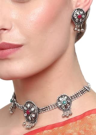 Oxidized Silver Color Multicolor Stone Choker Necklace