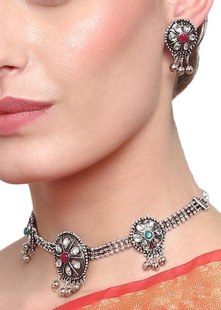 Oxidized Silver Color Multicolor Stone Choker Necklace
