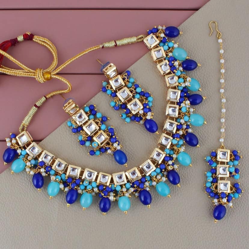 LUCKY JEWELLERY Back Meenakari 18k Gold Plated Multi Color Tika Earring Combo Uncut Big Faux Kundan Choker Necklace set (660-J5SK-1664-FB)