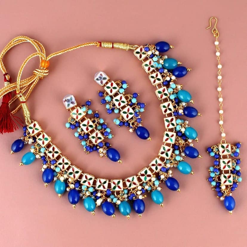 LUCKY JEWELLERY Back Meenakari 18k Gold Plated Multi Color Tika Earring Combo Uncut Big Faux Kundan Choker Necklace set (660-J5SK-1664-FB) view 2