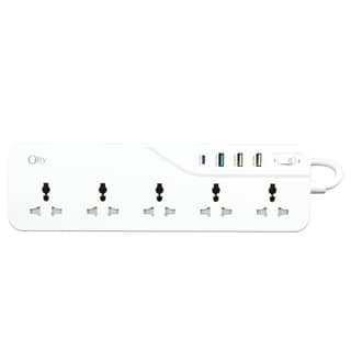 OlivLife-One-X Power Strip Extension Board with 5 Universal Sockets, 3 USB Ports, 1 Type-C PD Port, 3 Metre Cord & Wall Mount Option - White