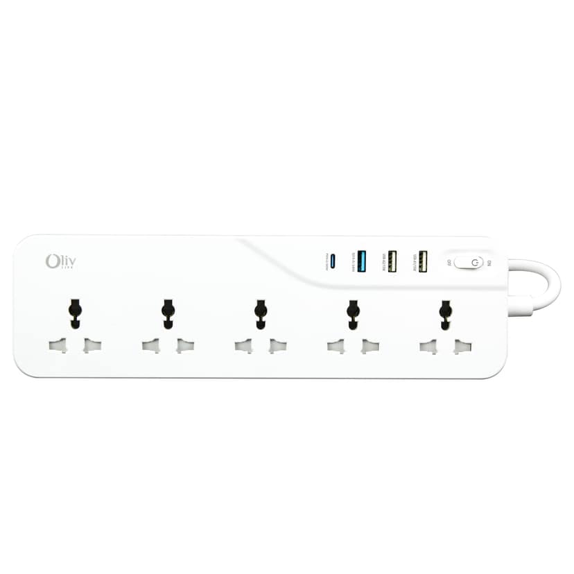 OlivLife-One-X Power Strip Extension Board with 5 Universal Sockets, 3 USB Ports, 1 Type-C PD Port, 3 Metre Cord & Wall Mount Option - White
