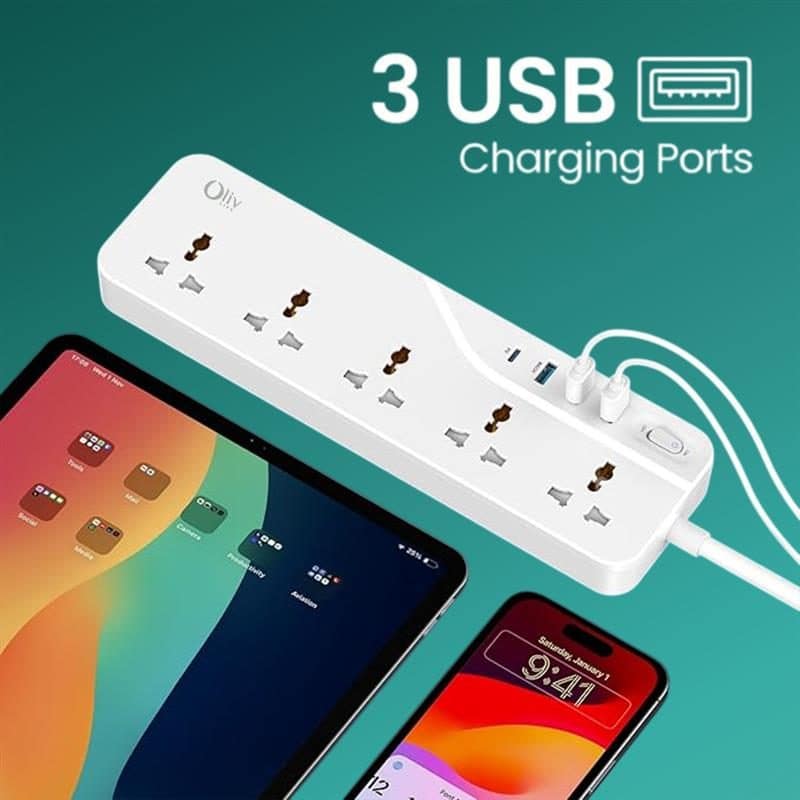 OlivLife-One-X Power Strip Extension Board with 5 Universal Sockets, 3 USB Ports, 1 Type-C PD Port, 3 Metre Cord & Wall Mount Option - White view 2