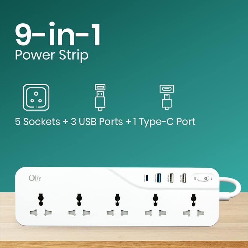 OlivLife-One-X Power Strip Extension Board with 5 Universal Sockets, 3 USB Ports, 1 Type-C PD Port, 3 Metre Cord & Wall Mount Option - White view 3