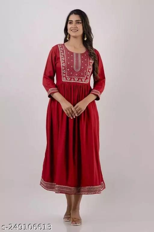 Women Rayon Embroidery Kurti (Maroon) view 3