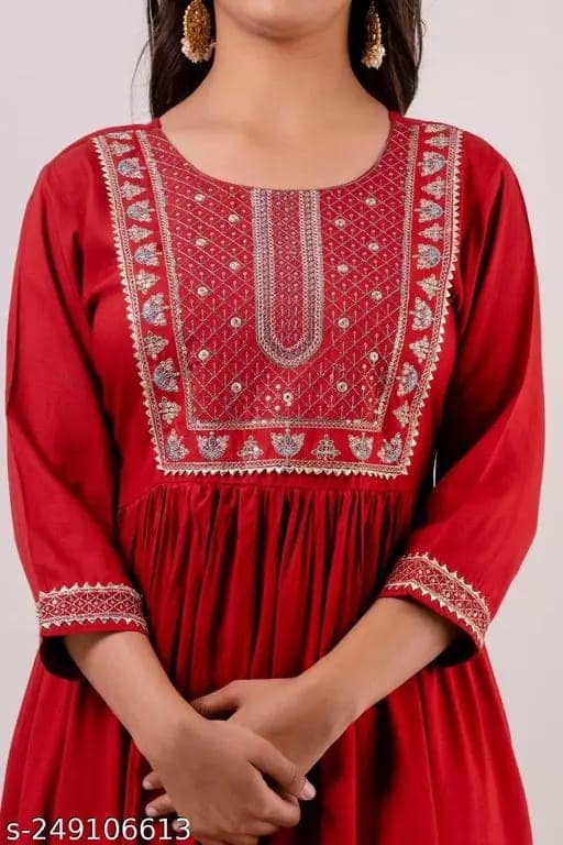 Women Rayon Embroidery Kurti (Maroon) view 4