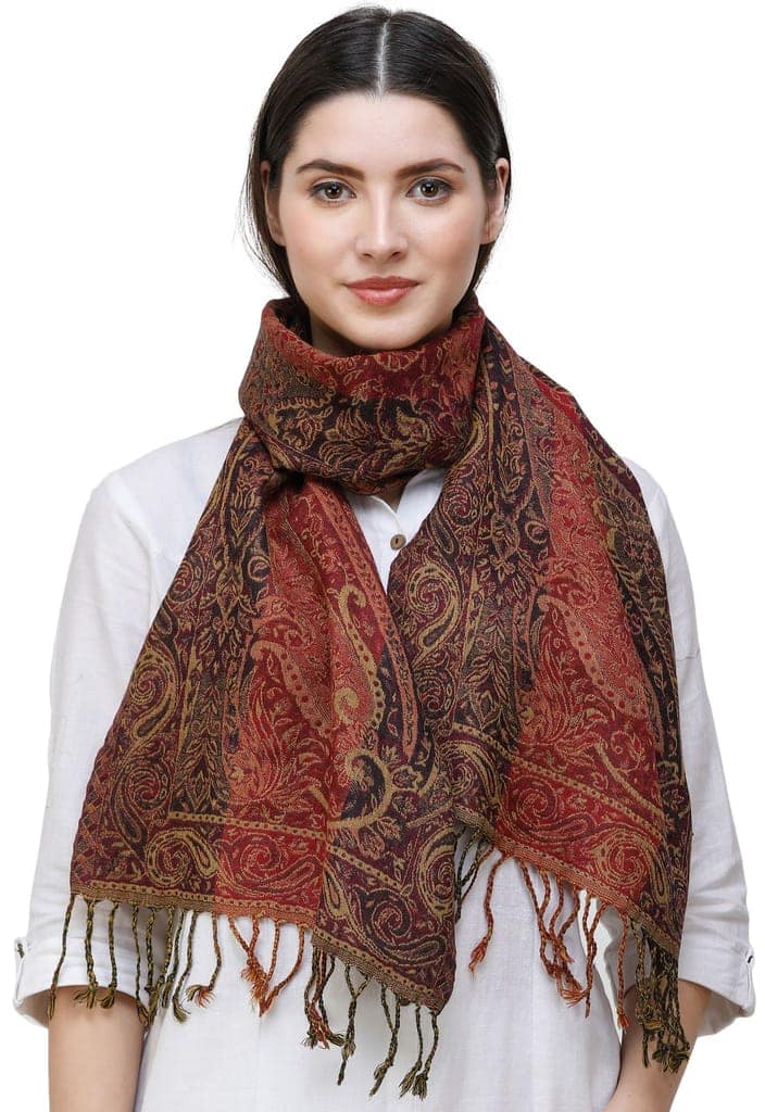 Wren Reversible Jamawar Scarf from Amritsar with Woven Paisleys view 2