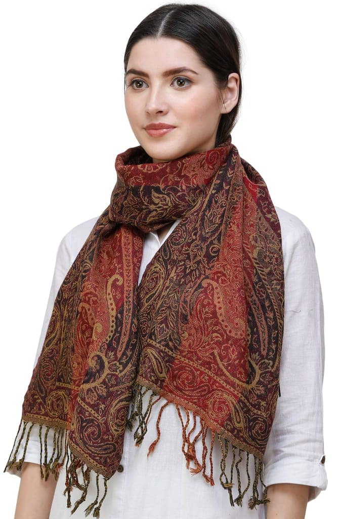 Wren Reversible Jamawar Scarf from Amritsar with Woven Paisleys view 3