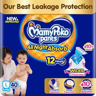 MamyPoko New Pants Premium All Night Absorb| Pant Style Baby Diapers Large Size(L), 40 Count, Ideal for 9-14Kgs|1 Diaper= Upto All Night Absorption now with 10% increased power|Wider Crisscross Sheet MamyPoko New Pants Premium All Night Absorb| Pant Styl