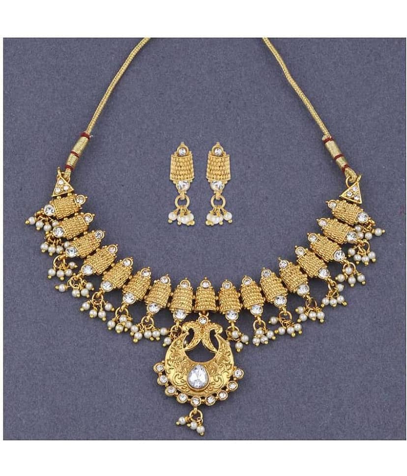 Silver Shine Alloy Golden Choker Traditional Gold Plated Necklaces Set view 2