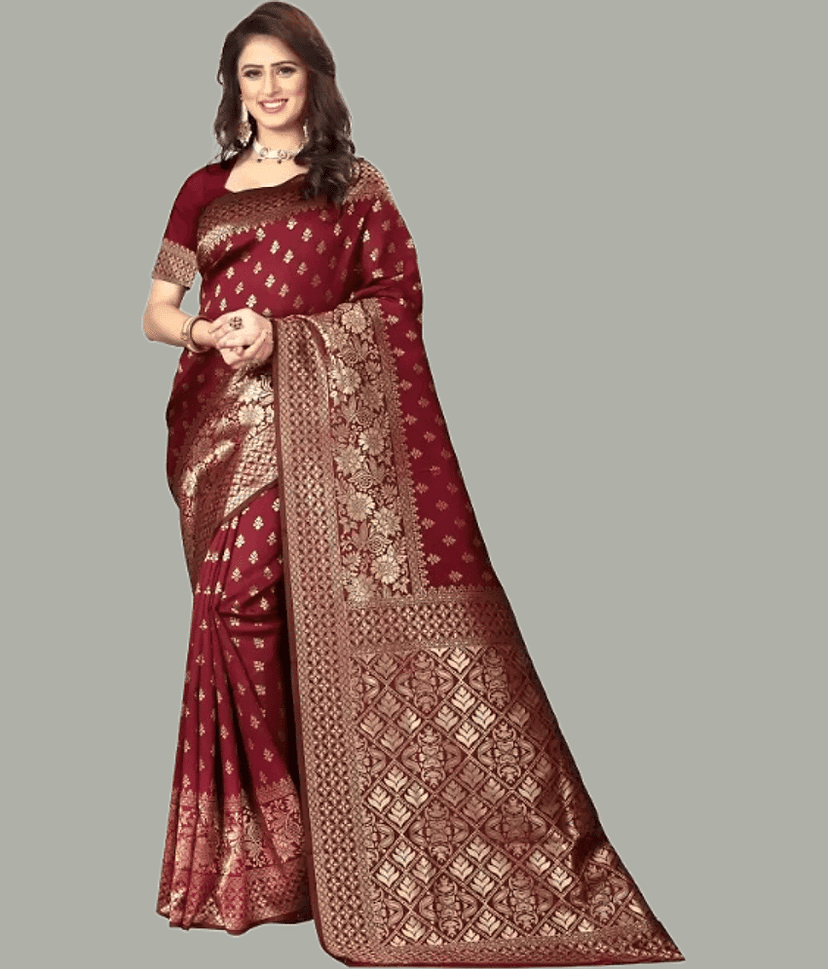 GARIYA Banarasi Silk Embellished Saree With Unstitched Blouse Piece ( Red )