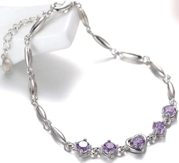 "Stunning Silver Bracelet with Purple Heart-Shaped Crystals" view 2