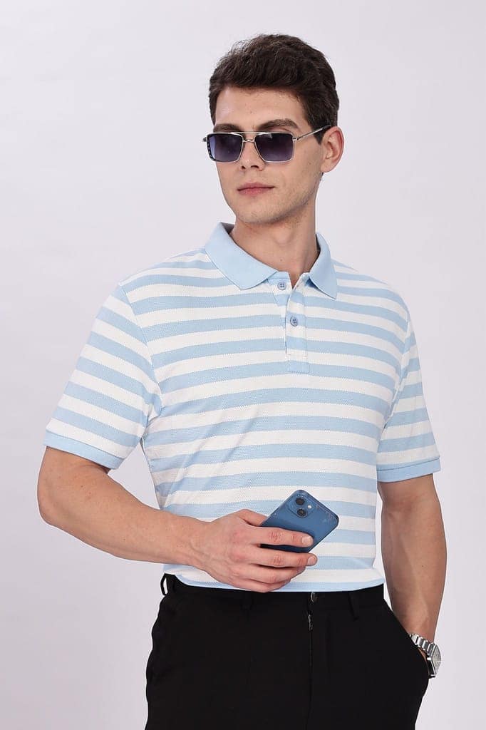 Puff Cotton Sky Blue & White Striped Polo