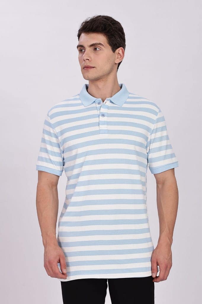 Puff Cotton Sky Blue & White Striped Polo view 6