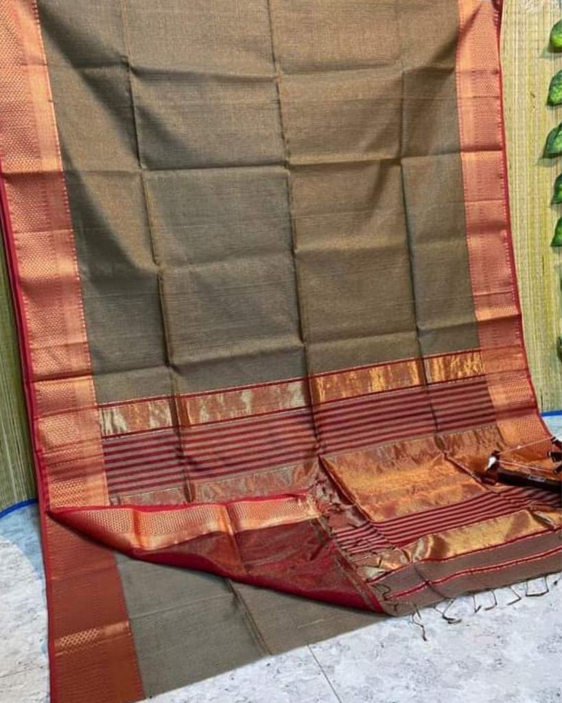 Pure Maheshwari Handwoven Tissue Silk Saree Grayish Brown Color with running blouse-1881