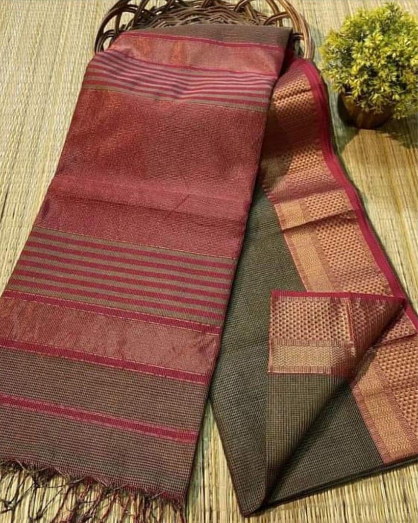 Pure Maheshwari Handwoven Tissue Silk Saree Grayish Brown Color with running blouse-1881 view 2