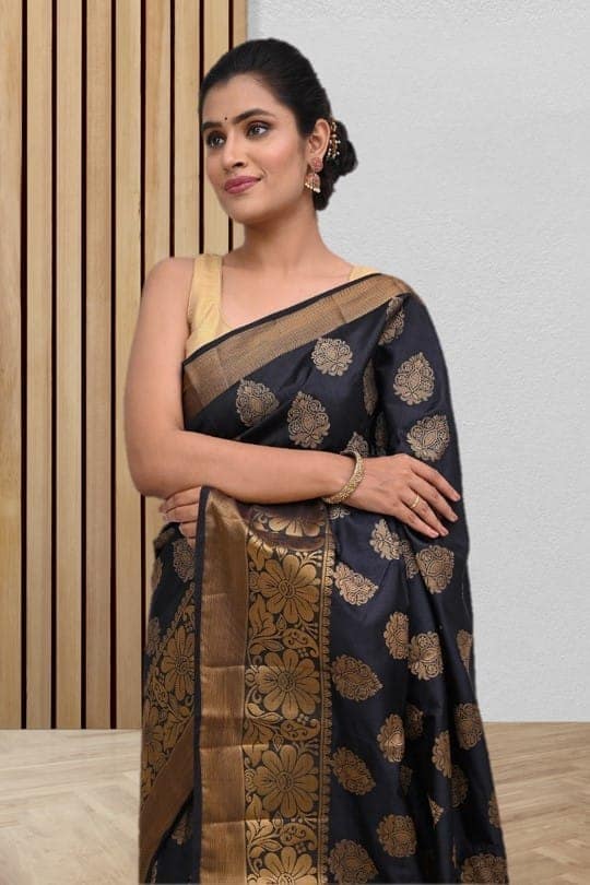 Black Semi Silk Saree With Modish Design view 3