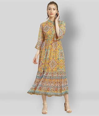 Juniper Women Chiffon Printed Fit & Flare Dress ( Yellow )