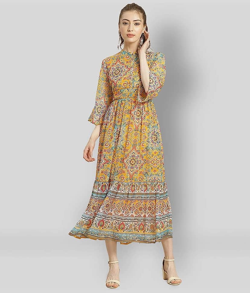 Juniper Women Chiffon Printed Fit & Flare Dress ( Yellow )