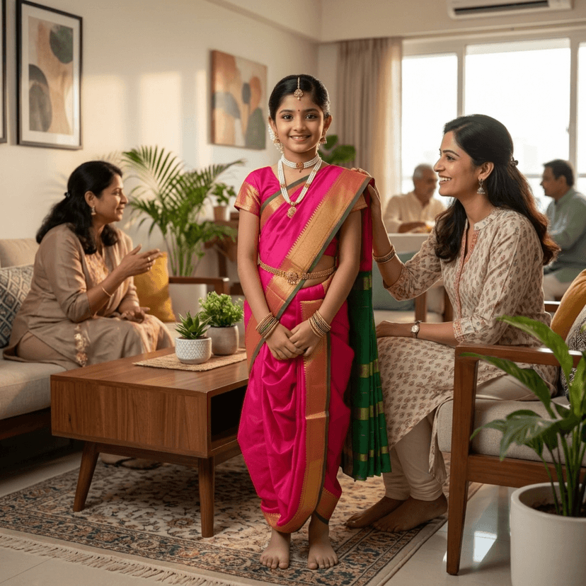 Mom and Me Peshwai Nauwari Saree for Kids (1–10 Years) Ready to Wear Maharashtrian Traditional Dress | Belgaon Silk with Cotton Lining | Stitched Blouse Included (Pink, 15-16 Years) view 3