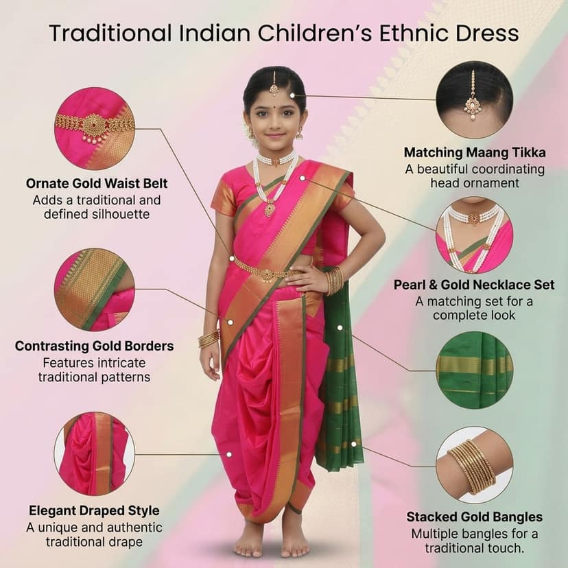 Mom and Me Peshwai Nauwari Saree for Kids (1–10 Years) Ready to Wear Maharashtrian Traditional Dress | Belgaon Silk with Cotton Lining | Stitched Blouse Included (Pink, 15-16 Years) view 4
