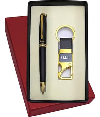 UJJi Brass Body Black Colour Pen & Metal Hook Keychain