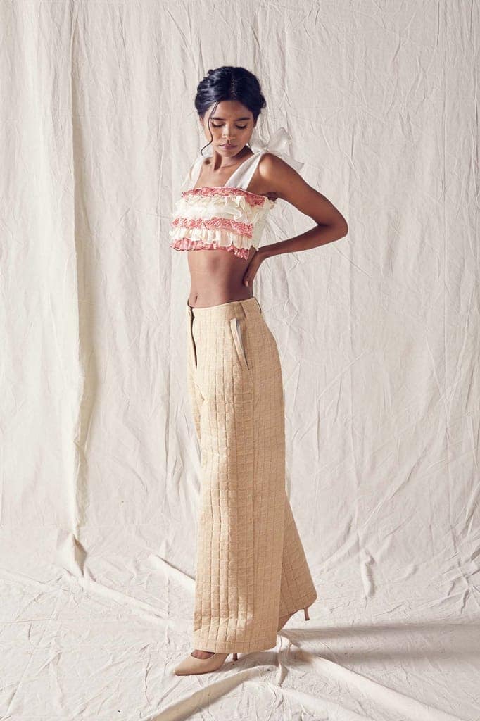 Quilted Beige Wide Leg Pants In Organic Cotton view 2