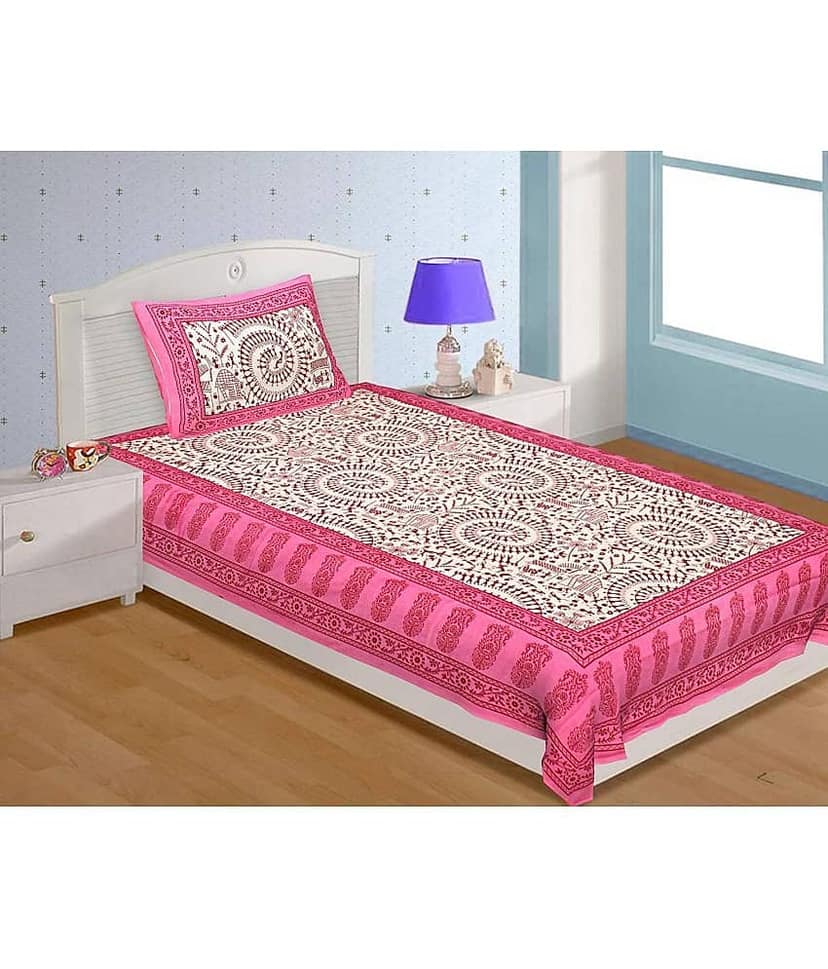 Uniqchoice Cotton Ethnic Single Bedsheet with 1 Pillow Cover- Pink