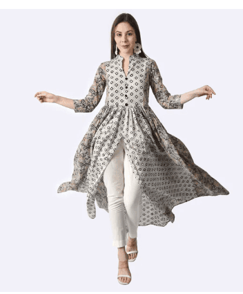 Grey Hand Block Printed Cambric Cotton Kurta with Pants- Set of 2 view 2