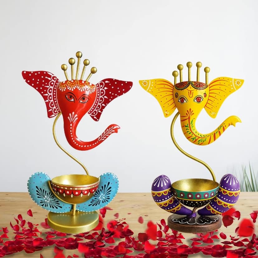 Decorative Ganesh T-Light Holder Set, Metal Candle Holders for Home, Diwali, Pooja Room, 2 Pieces