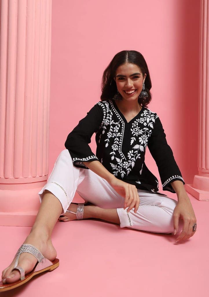 Cotton Chikankari Solid Women's Short Kurta - Black view 4