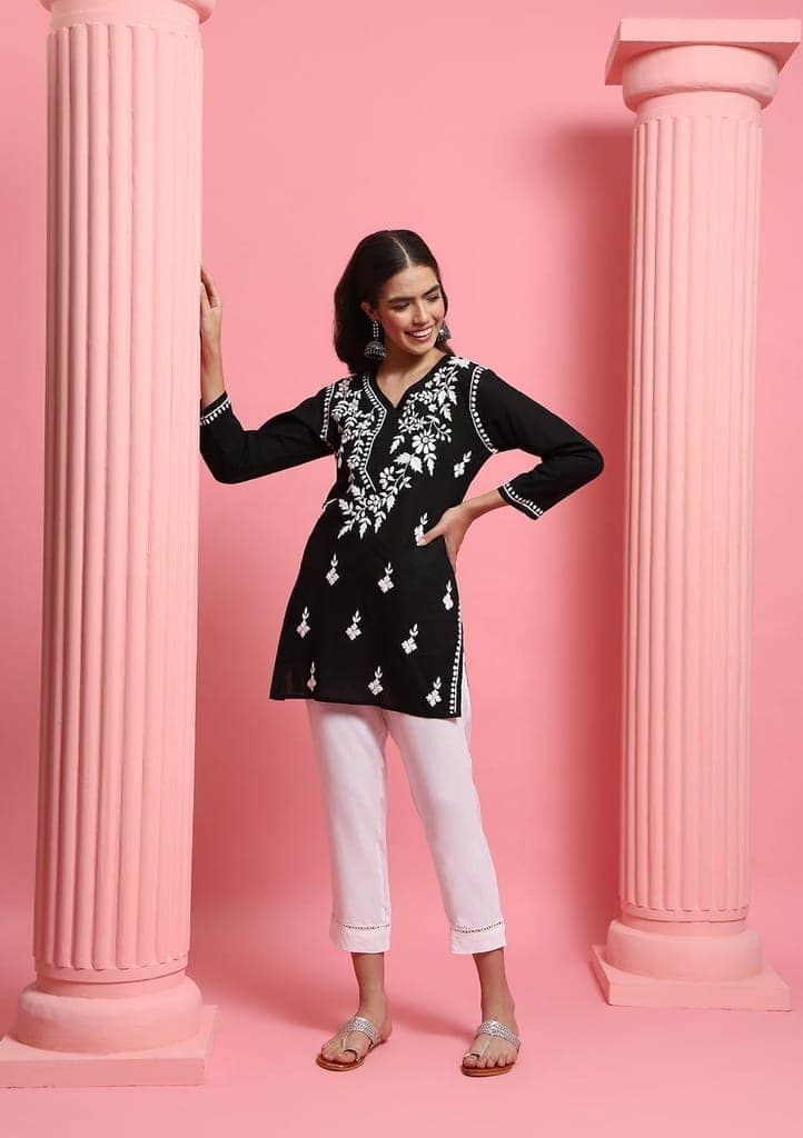 Cotton Chikankari Solid Women's Short Kurta - Black view 5