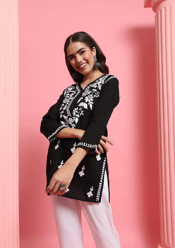 Cotton Chikankari Solid Women's Short Kurta - Black view 6