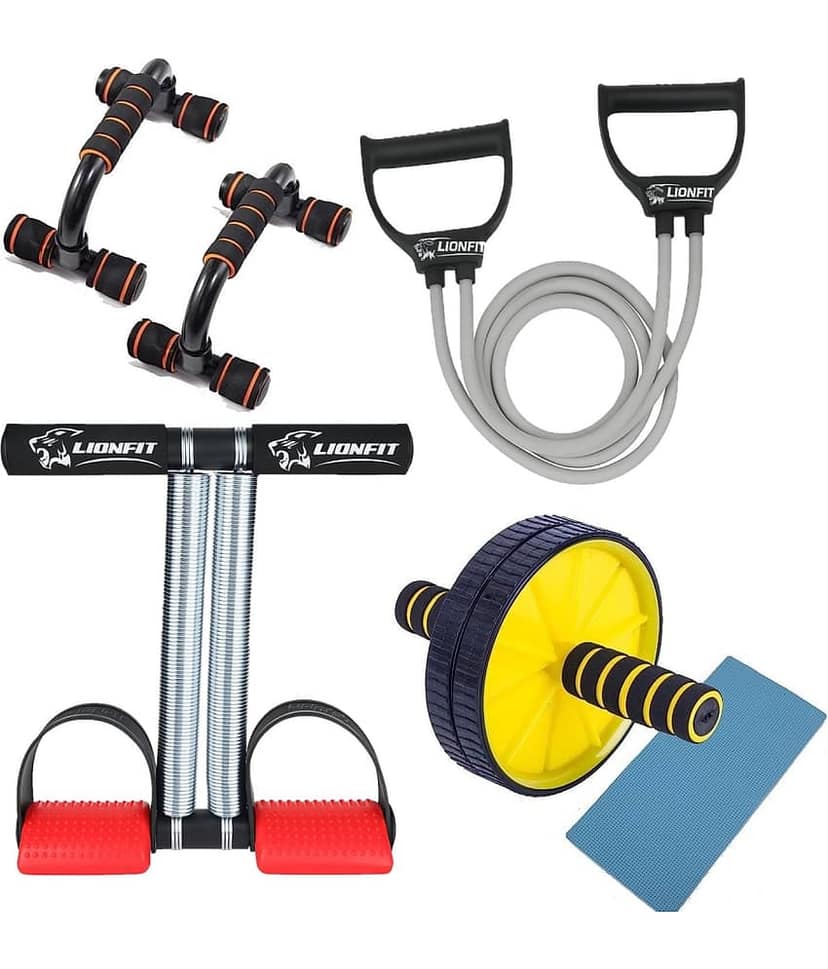 LionFit ® 4-in- Home Gym Kit Combo for Men & Women | Double Spring Tummy Trimmer, Push-Up Bars, Resistance Tube, Ab Roller with Knee Mat | Full Body Workout & Fitness Equipment