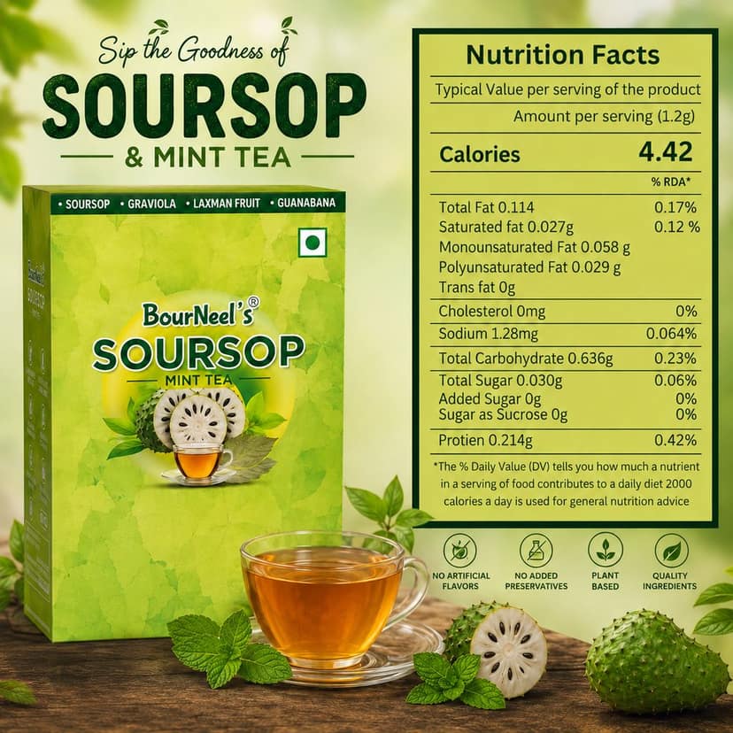 BourNeel's® Soursop Mint Tea Box (20 Bags)|Dipping Tea Bags | Combination of Dry Soursop Leaves & Mint Leaves| No Preservatives | Graviola Laxman Phal Dry Leaves | High Vitamin C |Soursop Mint Kadha Tea | view 3