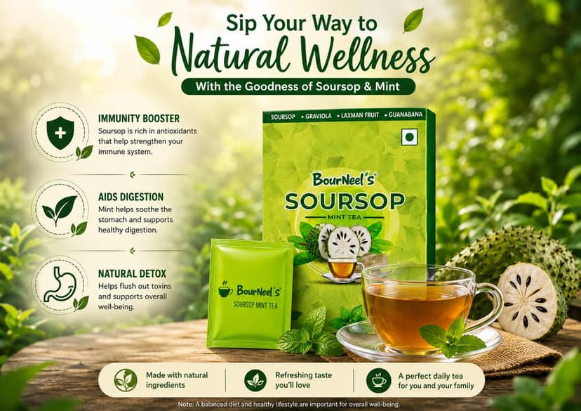 BourNeel's® Soursop Mint Tea Box (20 Bags)|Dipping Tea Bags | Combination of Dry Soursop Leaves & Mint Leaves| No Preservatives | Graviola Laxman Phal Dry Leaves | High Vitamin C |Soursop Mint Kadha Tea | view 5