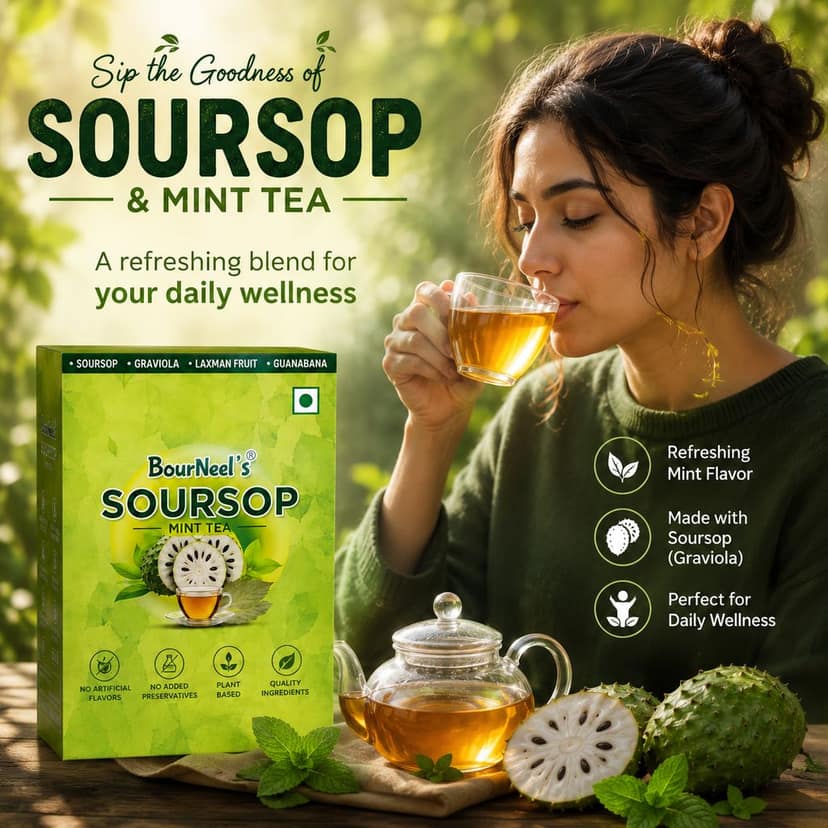 BourNeel's® Soursop Mint Tea Box (20 Bags)|Dipping Tea Bags | Combination of Dry Soursop Leaves & Mint Leaves| No Preservatives | Graviola Laxman Phal Dry Leaves | High Vitamin C |Soursop Mint Kadha Tea | view 6