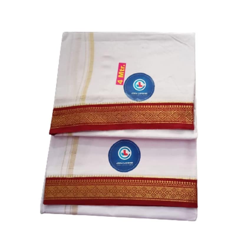 Jinka Lakshmi Collections 100% Handloom White Cotton Dhoti With Big Borders 4 Meters Unstitched Pack of 2 (Multicolor-3) view 2
