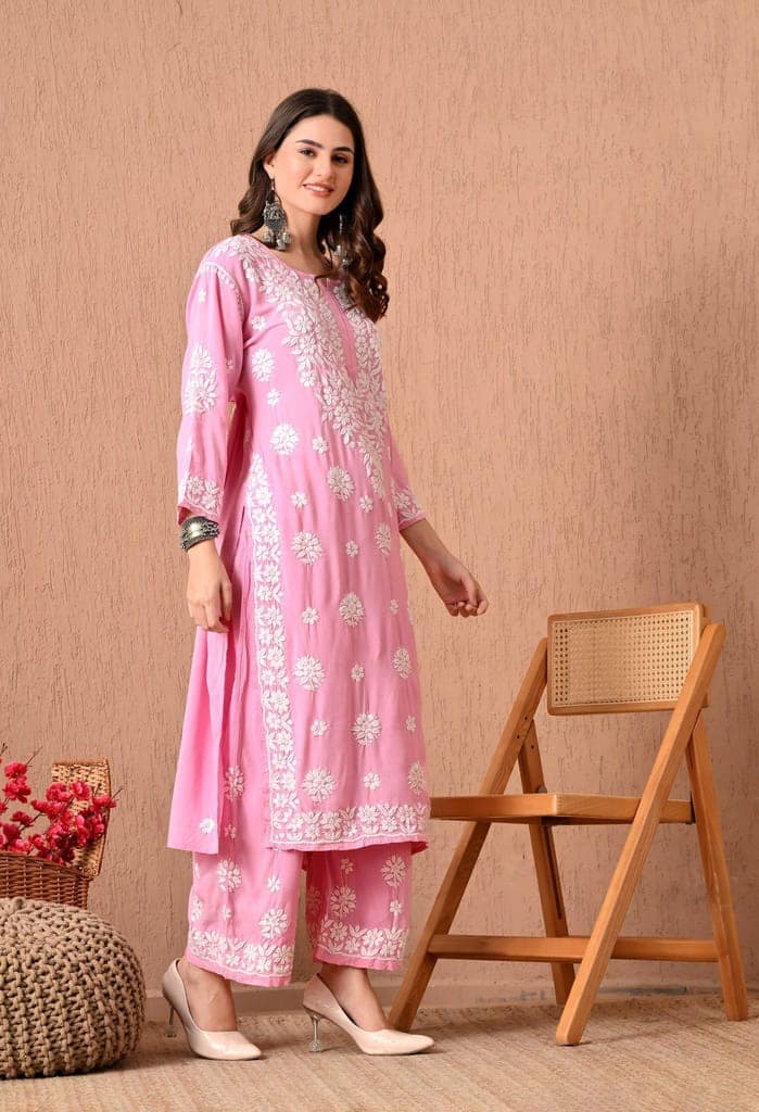 Hand Embroidered Chikankari Plazo Set 3d Work- Pink view 2