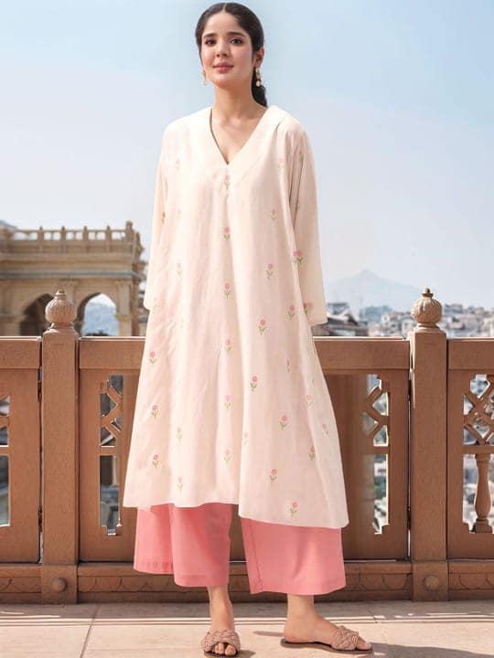 Floral Printed V-Neck Three-Quarter Sleeves A-Line Kurta With Palazzos view 2